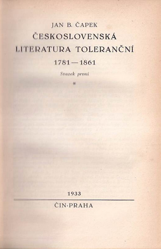 Československá literatura toleranční 1781-1861. Svazek první